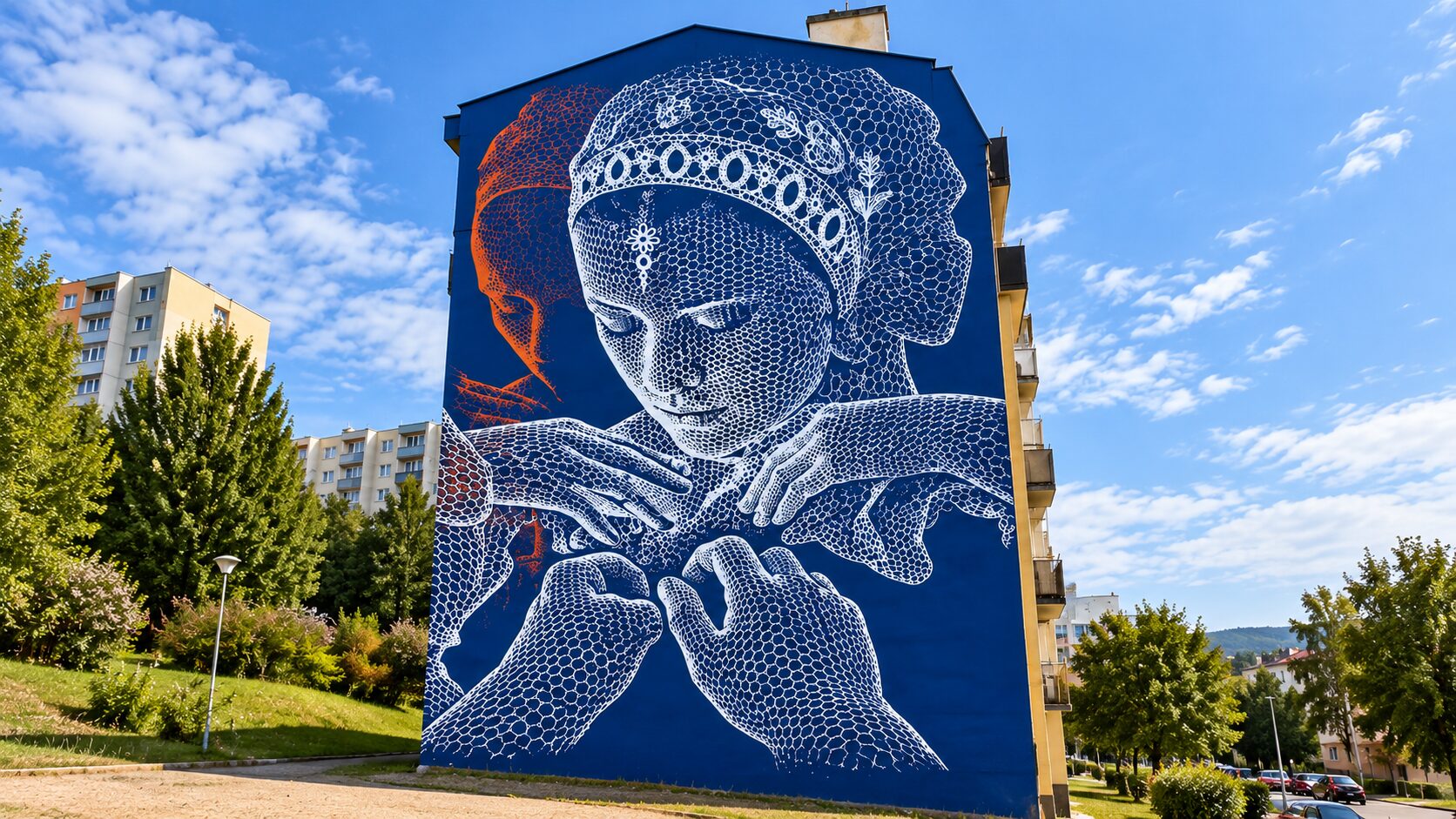 Myjavská čipka ožila na stene bytového domu. Nový mural už zdobí sídlisko Kamenné